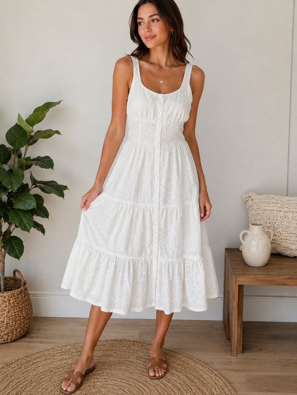 Women’s White Eyelet Tiered Midi Dress